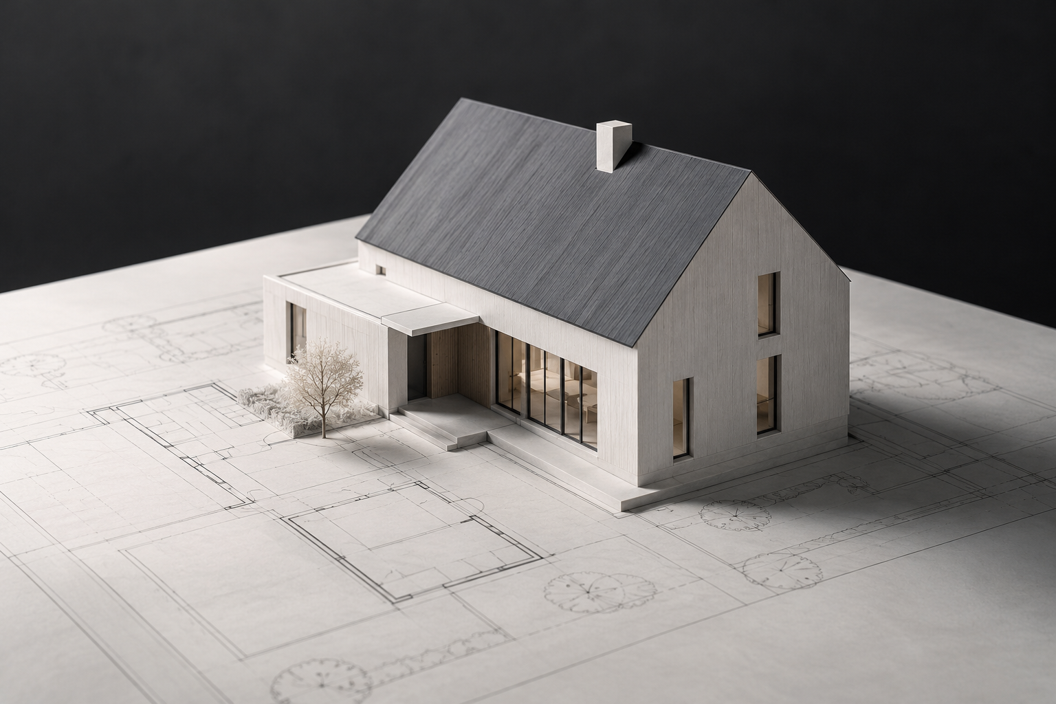 Illustration d’une maquette de maison contemporaine posée sur un dessin de bâtiment